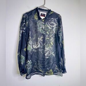 Johnny Was Biya Blouse Floral Print Silk Button Down